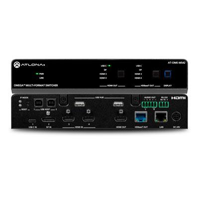 Omega 4x2 4K/UHD multiformat matrix switcher, with HDMI, USB-C, Display port, and USB pass through over HDBaseT
