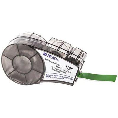 Cinta de etiquetas de vinilo con adhesivo permanente Brady 0.5", blanco sobre verde - M21-500-595-GN