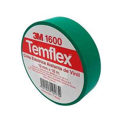 3M Temflex® 1600 Cinta Eléctrica de Vinil, 19 mm x 18 Metros, Hasta 600 Voltios, Color Verde - ME300003097