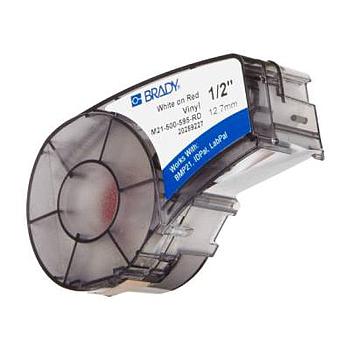 Cinta de etiquetas de vinilo con adhesivo permanente 0.5", blanco sobre rojo - M21-500-595-RD