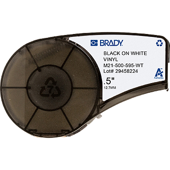 Etiquetas de vinilo con adhesivo permanente Brady, impresora M21, 0.5", interiores/exteriores, negro sobre blanco - M21-500-595-WT